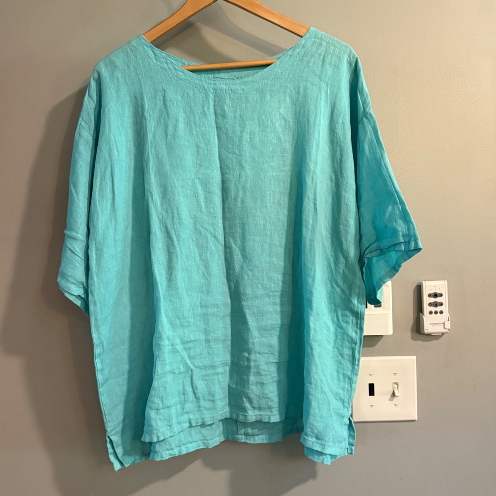 Match Point Linen Top Womens Medium Turquoise Boxy Lagenlook Short Sleeve HLT180